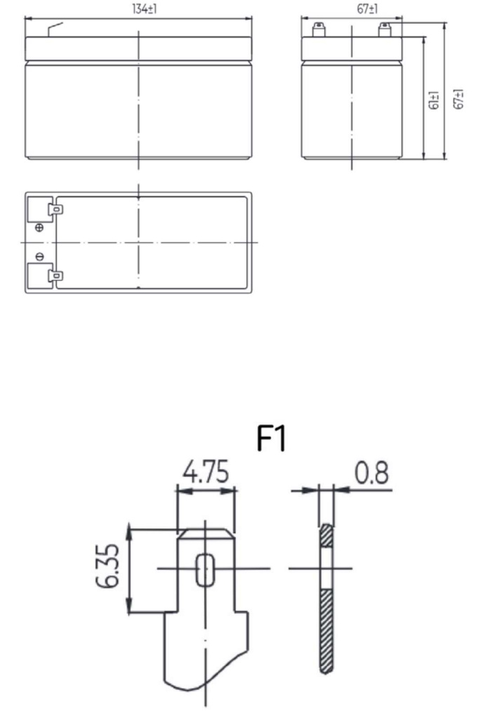 Рисунок 1. Аккумуляторная батарея MNB Battery MM 12032 - габаритные размеры Рисунок 1. Аккумуляторная батарея MNB Battery MM 12032 - габаритные размеры