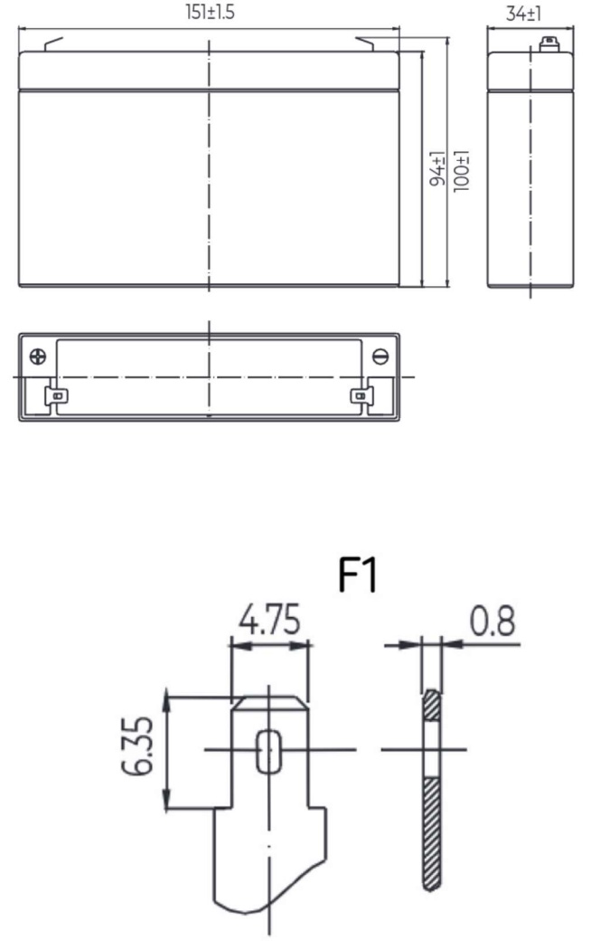 Рисунок 1. Аккумуляторная батарея MNB Battery MM 607 - габаритные размеры