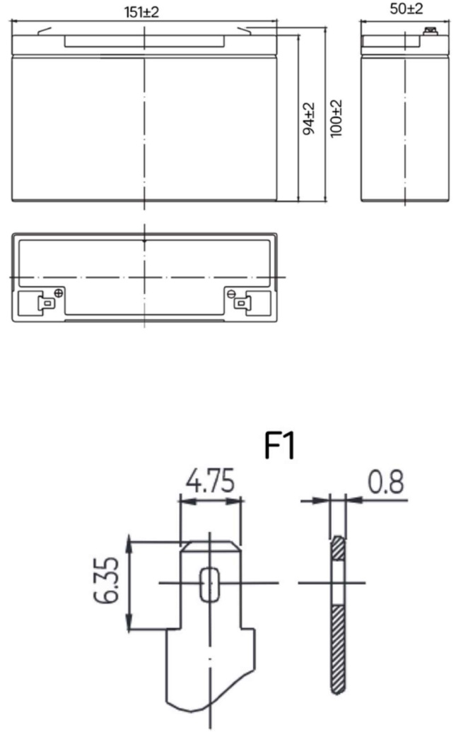 Рисунок 1. Аккумуляторная батарея MNB Battery MM 612 - габаритные размеры Рисунок 1. Аккумуляторная батарея MNB Battery MM 612 - габаритные размеры