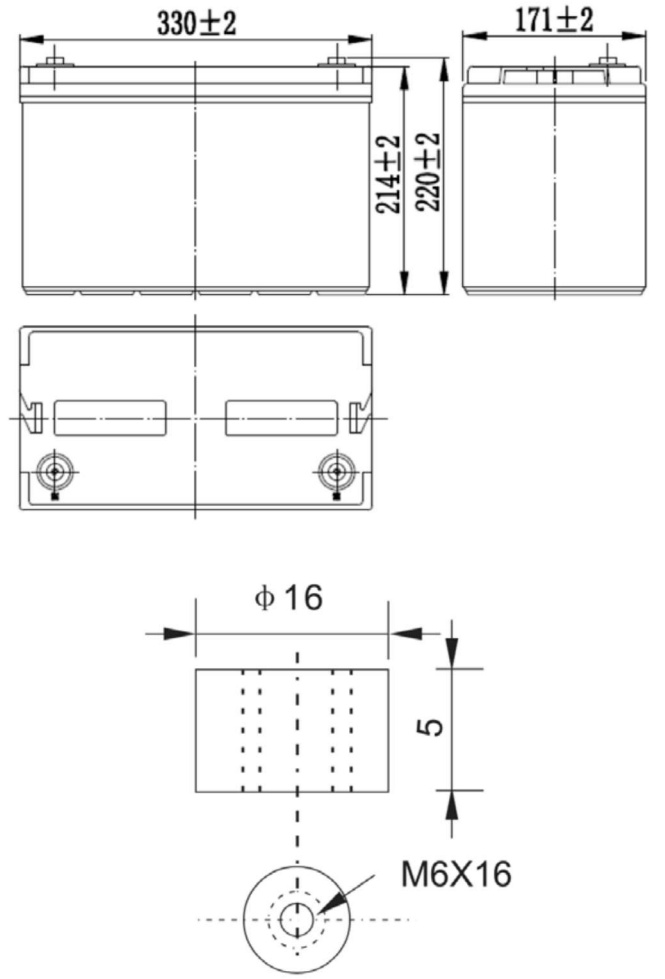 Рисунок 1. Аккумуляторная батарея MNB Battery MNG 100-12 - габаритные размеры
