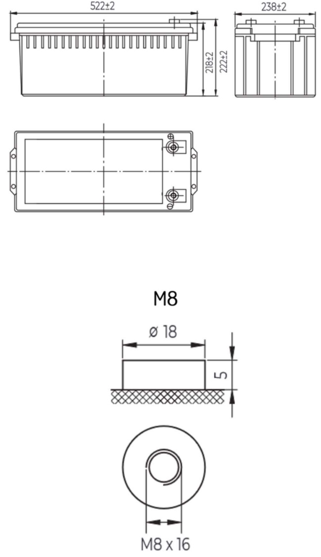 Рисунок 1. Аккумуляторная батарея MNB Battery MNG 200-12 – габаритные размеры
