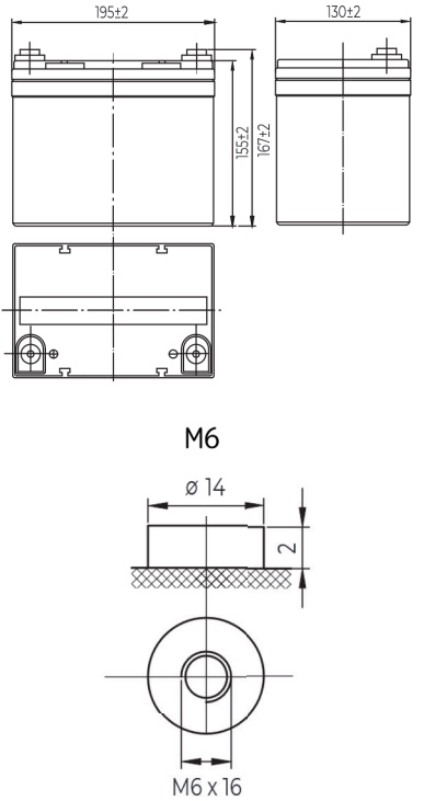 Рисунок 1. Аккумуляторная батарея MNB Battery MNG 33-12 - габаритные размеры