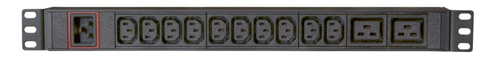 Рисунок 1. H1R-10A2B-16-Y-PC - Блок розеток HIDEN однофазный горизонтальный, 19", 10 розеток C13, 2 розетки C19, 16А, вход питания C20 (Кабель питания HIDEN H-PC-16-C19-C20-2м в комплекте) - внешний вид спереди